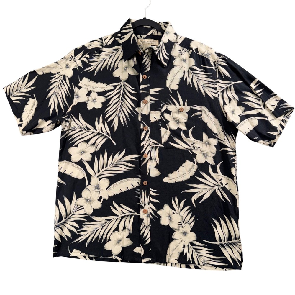 Island Republic Black Silk Blend Hawaiian Shirt L Tropical Floral Resort